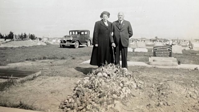 Len Fursdon and his wife at the site of Rev Fursdon's grave NZ